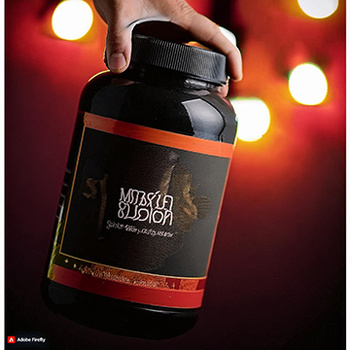 Hand holding a dark supplement bottle with label against warm bokeh lighting backdrop.