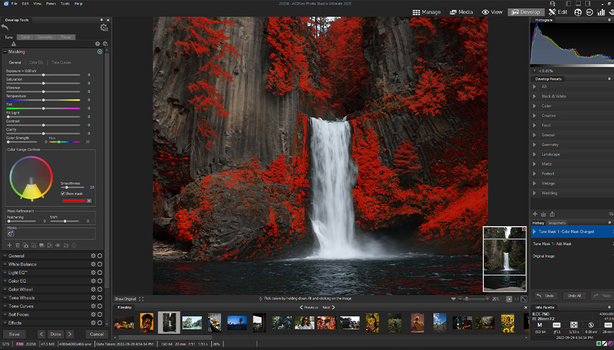 Screenshot of Lightroom Classic showing a waterfall surrounded by bright red foliage with post-processing adjustments visible in the right panel.