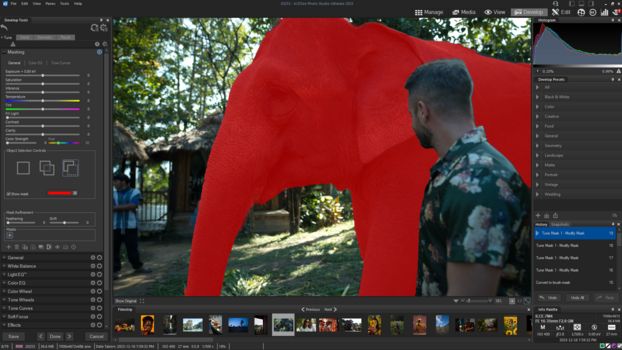 Screenshot of photo editing software showing a portrait with a large red shape selection overlay.