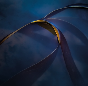 Curved metal ribbons with golden highlights against a deep blue gradient background.