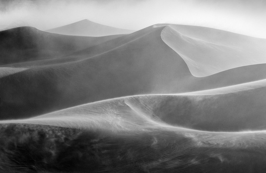 Undulating sand dunes with flowing curves and sharp ridgelines rendered in monochrome.