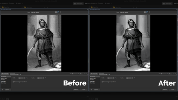 Screenshot of photo editing software showing before and after comparison of a black and white portrait.