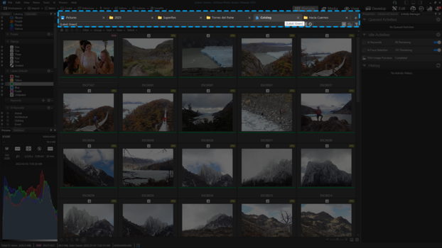 Screenshot of photo editing software displaying a grid of landscape photographs in the library panel.
