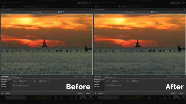 Screenshot of editing software showing before and after comparison of a sunset over water with sailboats.