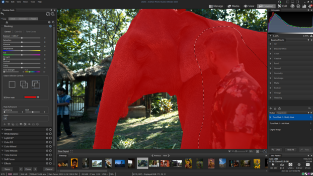Screenshot of photo editing software showing a red architectural arch with selection mask overlay and adjustment panels.