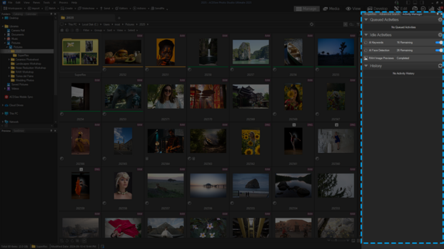 Screenshot of a photo management application displaying a grid of landscape and portrait images with various color grades and moods.