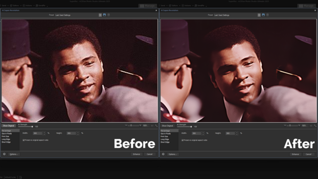 Screenshot of photo editing software showing before and after comparison of portrait color grading adjustments.