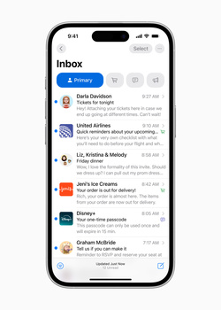 Screenshot of an iPhone inbox showing email list with Primary tab selected.