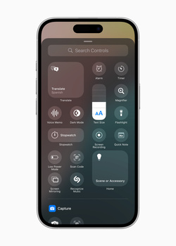 Screenshot of an iPhone control center with customizable toggles and quick-access controls displayed in a dark theme.