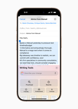 Screenshot of an email interface with writing tools menu displayed at bottom of smartphone screen.