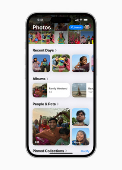 Screenshot of iOS Photos app interface showing Recent Days, Albums, People & Pets, and Pinned Collections sections.