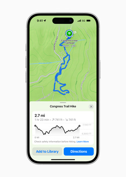 Screenshot of a hiking app displaying a blue trail map on a green topographic background with elevation profile and route details.