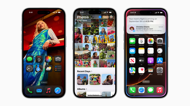 Screenshot showing three iPhones displaying the Photos app, home screen with widgets, and notification center interface.