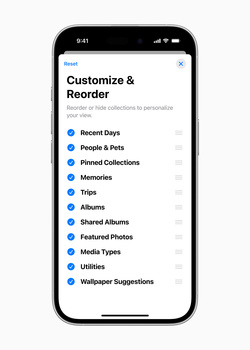 Screenshot of a mobile app's Customize & Reorder menu with a checklist of organizational categories.