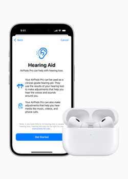 Screenshot of hearing aid setup interface on smartphone with white earbuds displayed next to device.
