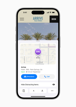 Screenshot of a hotel booking app interface displaying a hotel location with palm trees and an interactive map.