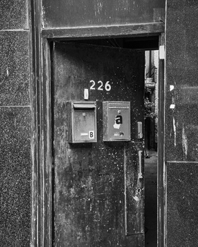 Dark doorway numbered 226 with weathered metal mailbox and intercom panel mounted on wall.