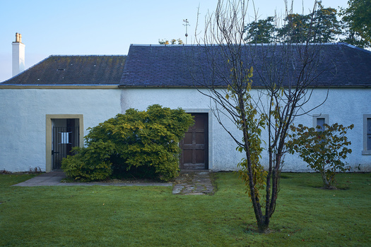 White-walled cottage with dark blue roof, overgrown vegetation, and bare tree in foreground against clear sky.
