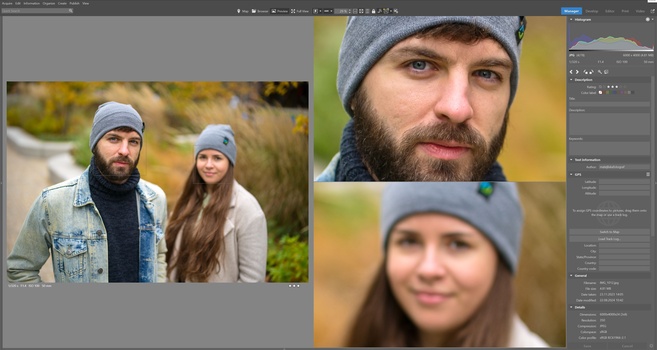 Photography editing interface showing portrait workflow with multiple cropped images of subjects wearing beanies.