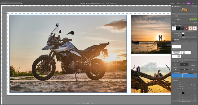 Adventure motorcycle parked on desert terrain during golden hour sunset.