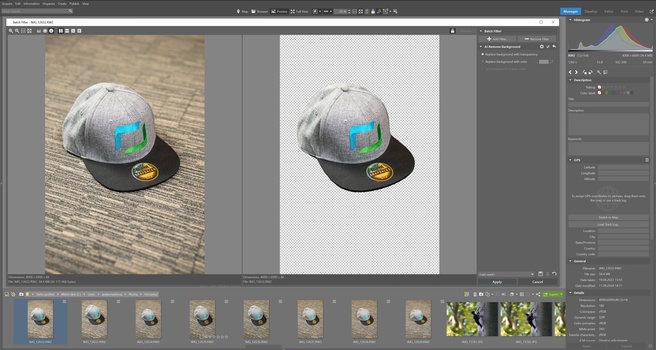 Screenshot showing product photography editing workflow with before and after versions of a snapback cap.