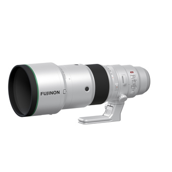 Fujifilm XF 200mm f/2 telephoto lens with white barrel and black focus ring against white background.