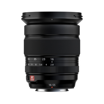 Fujifilm XF 16-55mm f/2.8 R LM WR zoom lens with barrel extended against white background.