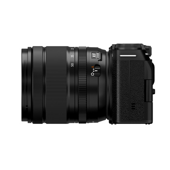 Side profile view of a mirrorless camera body with attached wide-angle zoom lens.