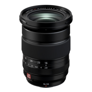 Fujifilm 16-55mm f/2.8 zoom lens with aperture ring and distance scale markings.
