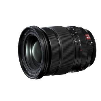 Black telephoto zoom lens with red accents and distance scale markings on white background.