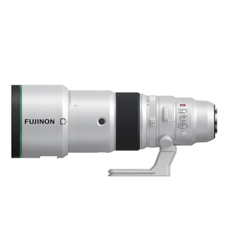 Fujinon telephoto lens with white barrel, black focus ring, and tripod foot mount.