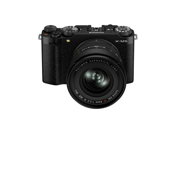 Black mirrorless camera with attached prime lens, viewed from front against white background.