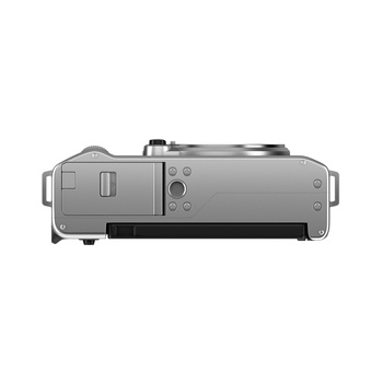 Top-down view of a mirrorless camera body with silver finish and black accents.