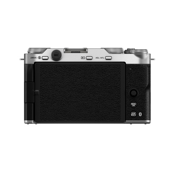 Rear view of a rangefinder camera with silver top plate and black body.