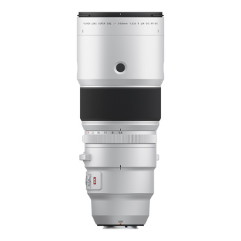 White telephoto lens with black grip ring and silver barrel, shown in full vertical profile.