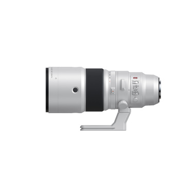 Silver telephoto lens with black grip ring and tripod collar mount shown in side profile.