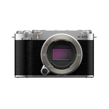 Fujifilm X-M5 mirrorless camera body with silver top plate and black textured grip, showing open lens mount.