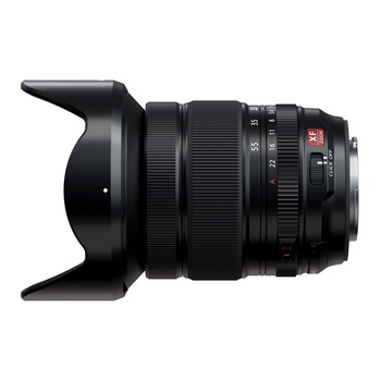 Black telephoto zoom lens with hood attached, shown in profile against white background.
