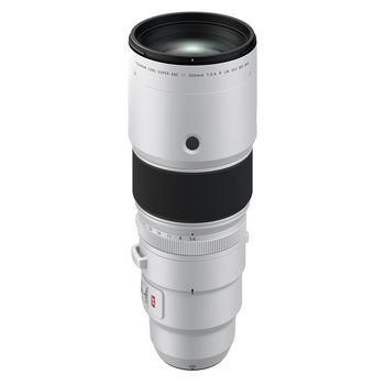 White telephoto zoom lens with black grip sections and focus ring, shown against white background.