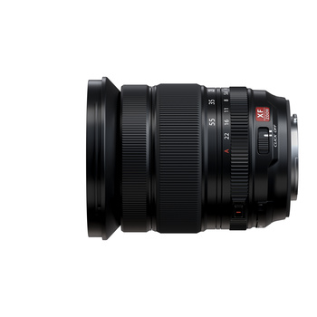 Black telephoto zoom lens with red accent markings, shown against white background.