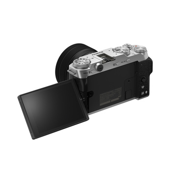 Mirrorless camera with flip-out LCD screen and electronic viewfinder shown from above.