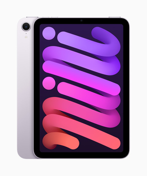 iPad mini displaying colorful gradient wallpaper with purple, pink, and coral curved shapes.