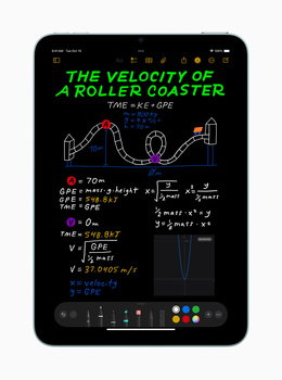 Screenshot of a physics education app displaying roller coaster velocity calculations with green text and equations on black background.