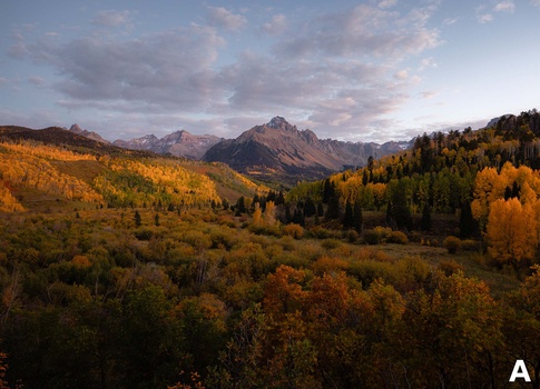 Mountain landscape with golden aspen trees in foreground and snow-capped peaks in distance under dramatic sky.