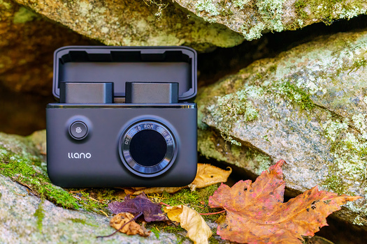 Instant camera with flip-up flash mounted on moss-covered stone with autumn leaves.
