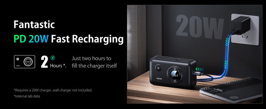 Product marketing graphic showing a compact camera charger with fast-charging specifications and desk setup.