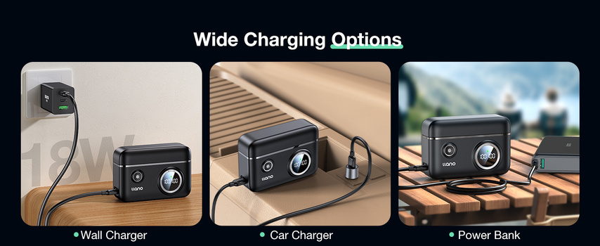 Graphic showing three charging device options: wall charger, car charger, and power bank.