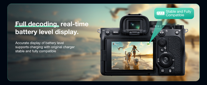 Professional mirrorless camera displaying beach scene on rear LCD screen with battery indicator overlay.