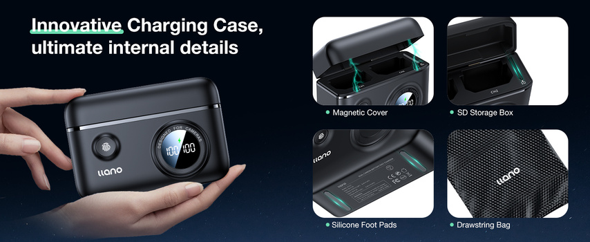 Graphic displaying an innovative charging case with magnetic cover, SD storage box, silicone foot pads, and drawstring bag.