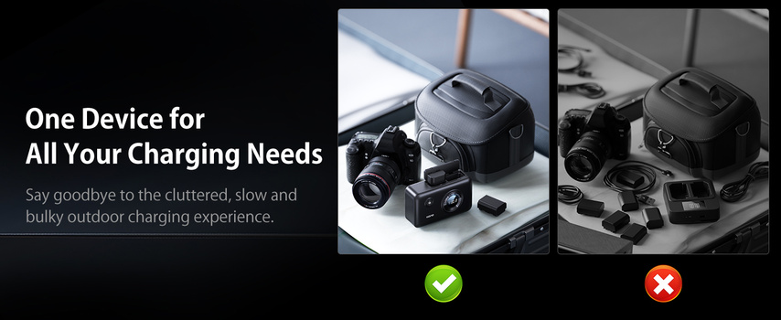 Comparison graphic showing portable charging equipment for cameras and devices, with a green checkmark on the left and red X on the right.